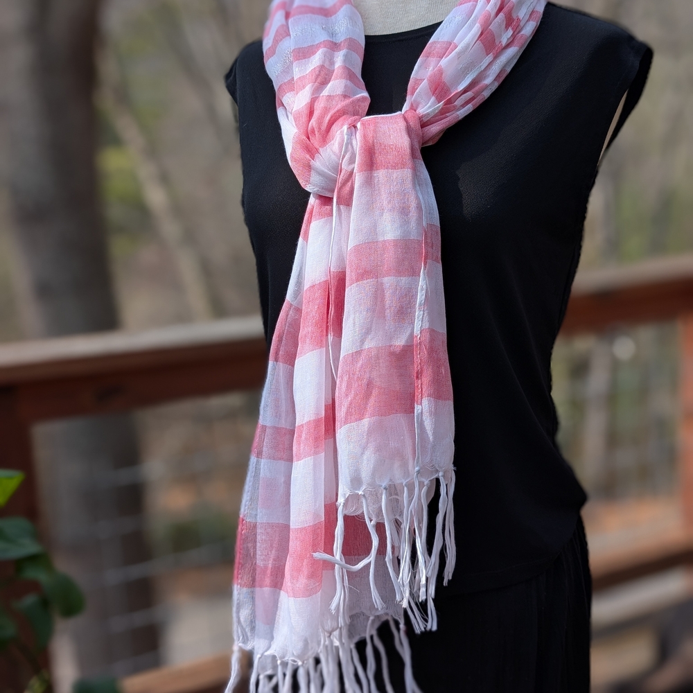 White And Pale Red Striped Sheer Soft Summer Scarf